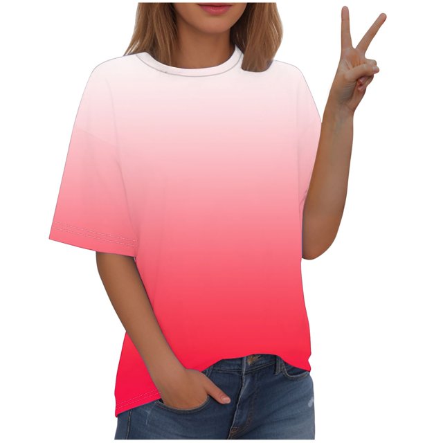 Timegard Hauts Grande Taille pour Femmes Couleur Dégradée Manches Courtes Col Rond Chemisiers Décontractés Confortables T-Shirts