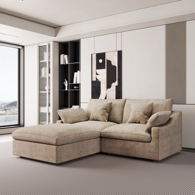 The Magic Home Cloud Modular L-Shaped Linen Sectional Sofa with Ottoman, Khaki