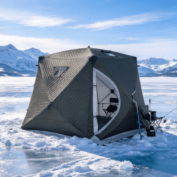 Tente de Pêche sur Glace pour 4 à 6 Personnes, Abri Escamotable à une Pression 240x240x190 cm avec Cannes en Fibre de Verre de 11 mm, Coquille Oxford 210D Isolée en Coton Matelassé et Coupe-Vent Enduite PA – Noir