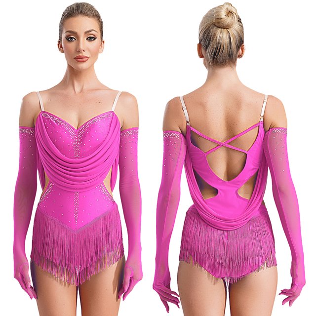 Aislor Justaucorps de Danse à Paillettes pour Femmes avec Strass Robe de Danse Jazz Latine à Franges avec Gants Rose Vif m