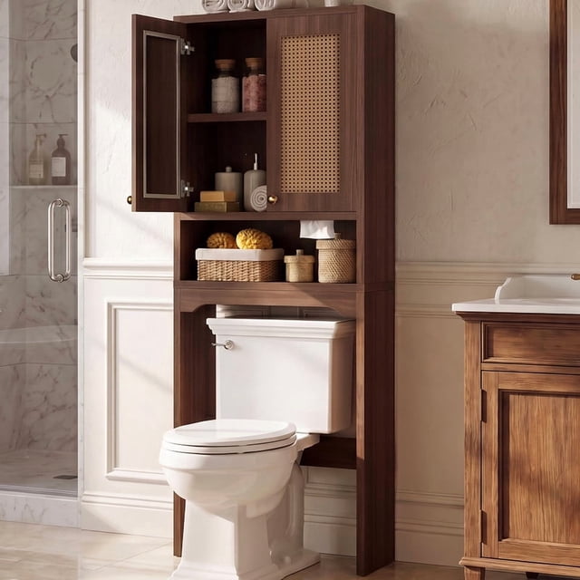 OMCPET 67 Inch Freestanding Bathroom Vanity With Hand Woven Rattan Doors and Hidden Storage Made of Solid High Density Fiberboard Featuring a Space Saving Design Walnut