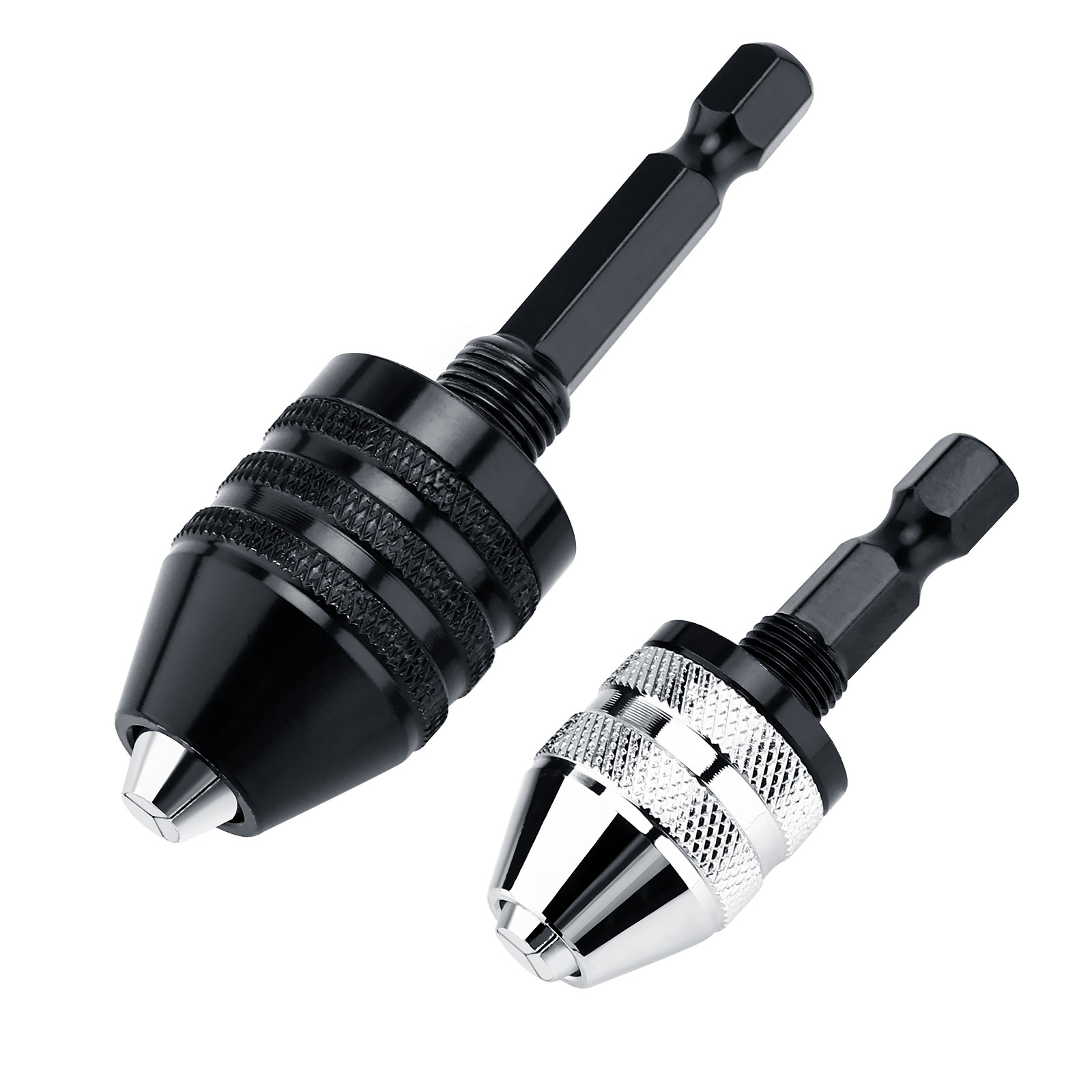 2PCS 1/4" Hex Shank Keyless Mini Drill Chucks Set - 0.3-3.6mm & 0.8-8mm Sizes, Heavy-Duty Metal Construction, Quick Bit Change Adapter for Cordless Screwdrivers, Drills & Grinders, Essential Power