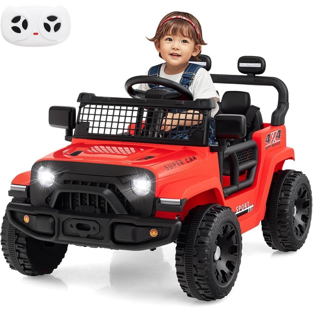 OLAKIDS 12V Ride On Truck, Battery Powered Electric Vehicle for Kids with Remote Control, Foldable Reflective Mirror, Spring Suspension, Music, LED Lights, Ride on Toy for 3+ Boys Girls