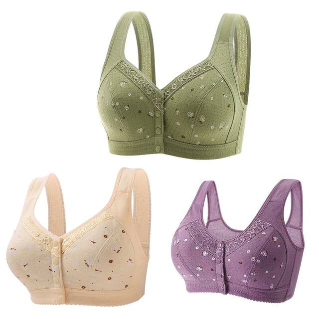 Timegard 3pc Plus Size Bras for Women Front Closure Button Full Support Bralette Comfort Seniors Bras