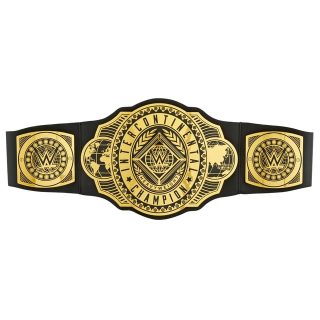 WWE Championship Role Play Title with a black leather-like adjustable belt over 3 feet long, featuring a large gold central plate engraved 'Intercontinental Champion Heavyweight' and WWE logos, plus two smaller gold side plates with globe and WWE emblems, designed for children 6 years and older to role-play WWE championship victories.