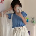 thumbnail image 5 of Promotion Dégagement Femmes V-Cou Ébouriffé T-shirts Courts Mode Manches Courtes Tricot T-shirt Femmes Été Cardigans Top, 5 of 5