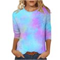 thumbnail image 1 of Besolor T-Shirts à Manches 3/4 pour Femmes, Tendance, Col Ras du Cou Teinture sur Nœuds, Hauts Décontractés Amples, Blouse T-Shirts pour Sorties, 1 of 5
