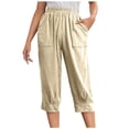 thumbnail image 1 of VEKDONE Pantalons Capri en Coton et Lin pour Femmes Kaki TTTG, 1 of 9
