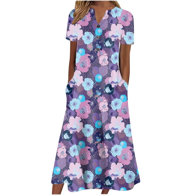 Cameland Robe d'Été pour Femme Décontractée à Col en V avec Boutons, Manches Courtes, Imprimée, Coupe Évasée, avec Poche