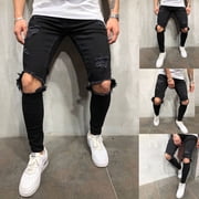 EGNMCR Jeans for Men, Men's Elastic Waist Loose Fit Denim Pants, Mens Pull On Jeans Men Pure Color Hole Vintage Wash Hip Hop Work Trousers Jeans Pants Men Pants