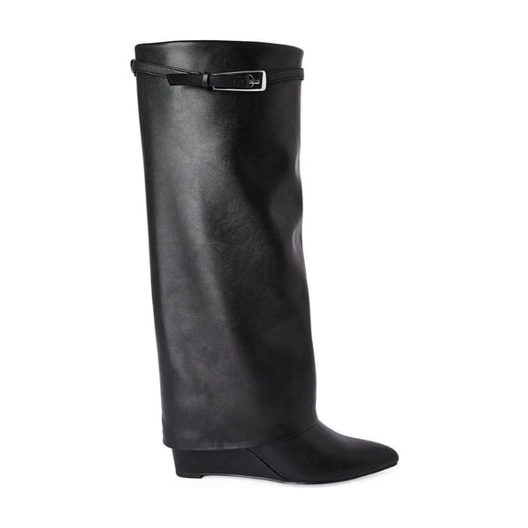 Refurbished Madden NYC 25EVIEW25 Women's Fold-Over Fashion Boots, Faux Leather Upper, Rubber Outsole, Pointed Toe, Side Zipper, Buckle Detail, Platform Heel
