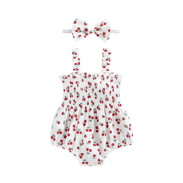 SUNSIOM Infant Girls 2Pcs Summer Outfits, Romper Dress Cherry/Carrot/Tree Print Romper Dress Ruched Jumpsuits with Headband