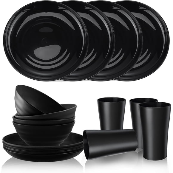 Bestdin Black Dinnerware Set for 4, 16 Pack Plastic BPA-Free Dinner Plates, Salad Plates, Cereal Bowls, Cups, Unbreakable Plates and Bowls Sets, Microwave and Dishwasher Safe