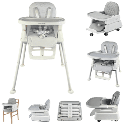 7-in-1 Fully Convertible Baby High Chair – Newborn Recliner to Toddler Booster, Foldable & Portable, Easy-Clean Washable Cushion, Removable Tray, 5-Point Safety Harness – Grows with Your Child-Gray