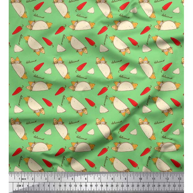 Soimoi Green Rayon Fabric Red Chilli & Tacos Food Print Fabric by Yard 56 Inch Wide
