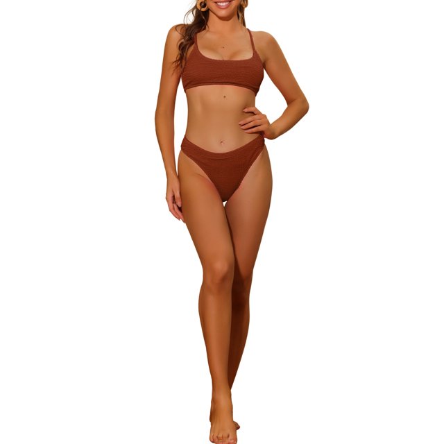 Women's 2 Piece Ribbed Bikini Sets, Adjustable Spaghetti Straps Sports Swimwear Bathing Suits Brown S