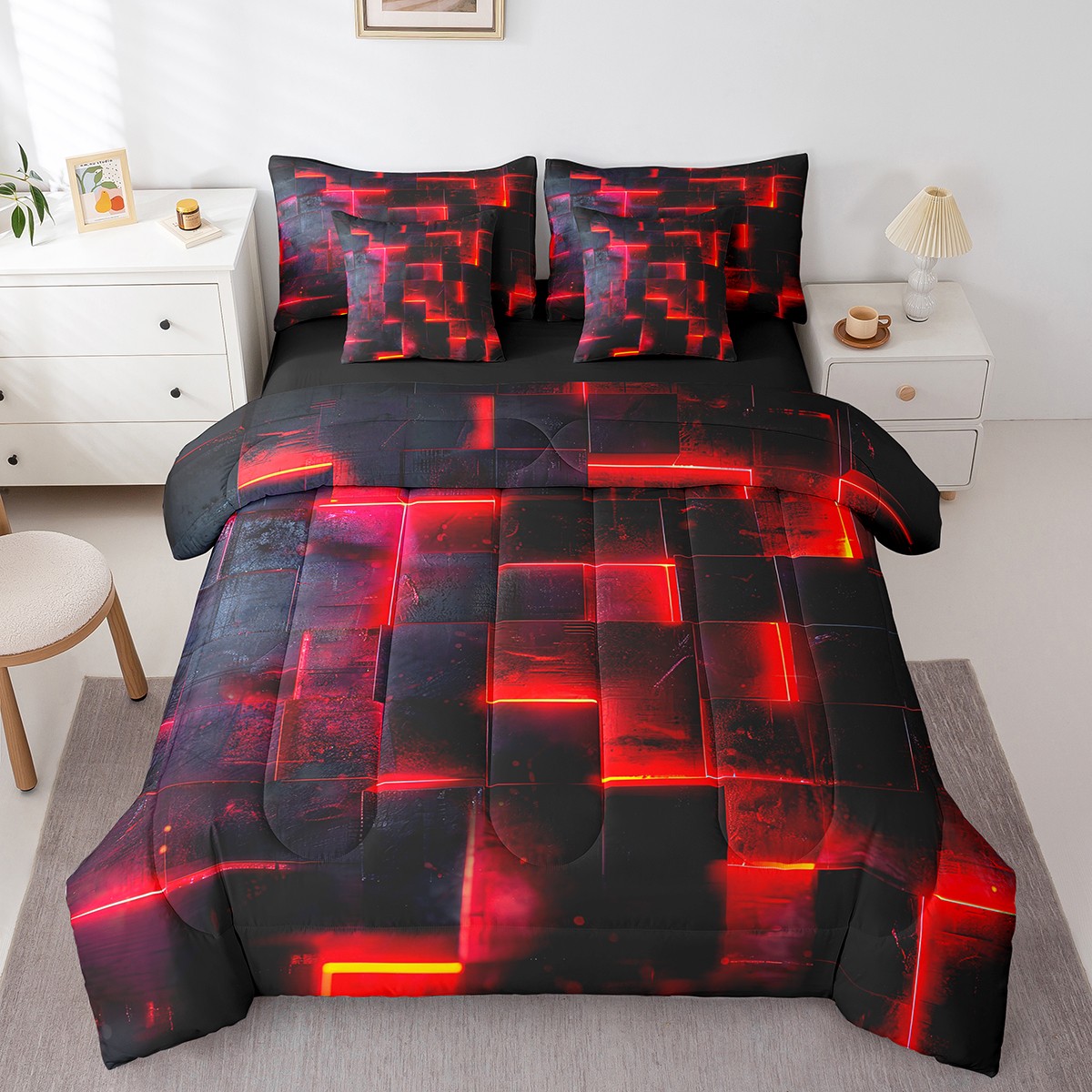 YST Ensemble de Couette Très Grand Noir et Rouge, Abstrait Moderne, 7 Pcs, Carré Néon, Grille Dégradée, Très Grand
