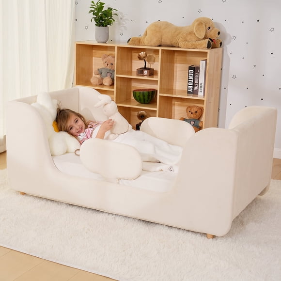FICISOG Lovely Toddler Beds, Low Profile Montessori Floor Bed for Toddlers, Crib Size Kids Bed with Safety Guardrails and Wood Slats, Soft Boucle Toddler Bed for Girls Boys, Butter 55.9" L x 31.5" W