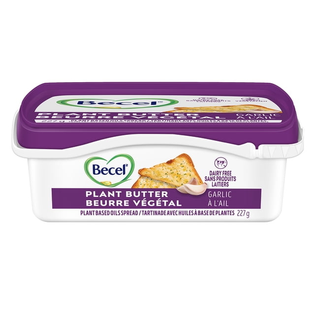 Dairy Free Becel Plant Butter Garlic 227g Tub with purple lid and white base, featuring a garlic bread slice and garlic clove, labelled vegan, kosher, halal, gluten-free, and dairy free, made from plant-based oils, suitable for spreading or cooking savory recipes.
