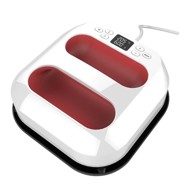 Square Heat Press Machine T-shirts Printing DIY Iron On HTV Vinyl Sublimation Paper for Clothes, Bags, and Hats with US Plug. Features a white and red ceramic-coated heating plate measuring 9x9 inches, adjustable temperature control up to 400°F (205°C), and a digital timer up to 60 seconds. Includes an auto-shutoff feature for safety and a compact, portable design.