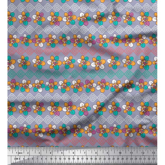 Soimoi Moss Georgette Fabric Diamond Shape & Floral Artistic Print Sewing Fabric Yard 42 Inch Wide