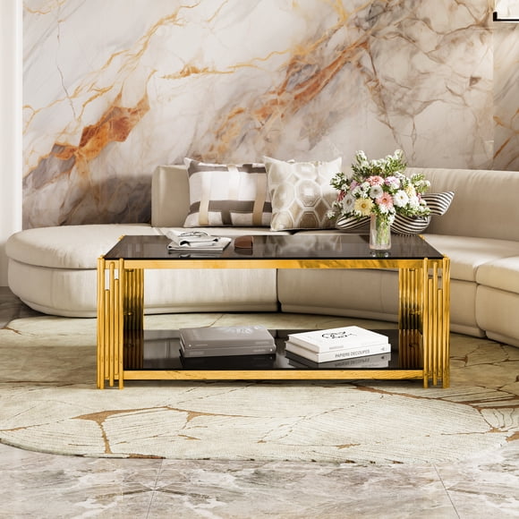Noble House 47.5" Modern Transparent Coffee Table,Black+Gold