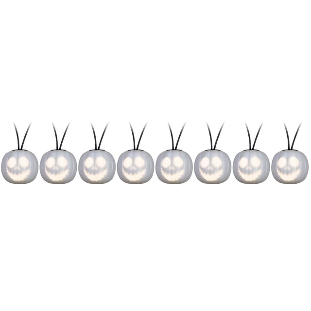 Battery operated string of eight classic white EmoteGlow lights featuring musical Jack Skellington heads from Disney's The Nightmare Before Christmas.