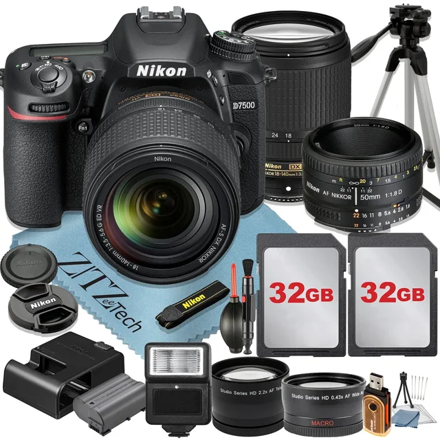 Nikon D7500 DSLR Camera with 18-140mm + AF FX 50mm Lens + 2 Pcs 32GB Memory Cards + Tripod + Wideangle + Flash + ZeeTech Accessory Bundle