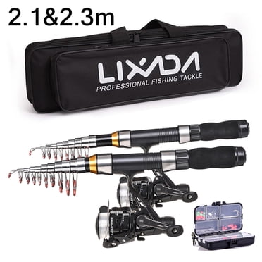 Lixada Ensemble Combo Canne à Pêche et Moulinet, Trousse Complète avec Cannes à Pêche Télescopiques de 2,1 m, Ensemble de 2 Moulinets Spinning avec Hameçons, Leurres Souples, Émerillons Baril, Sac de Rangement