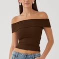 thumbnail image 2 of Yuyuzo Going out Tops for Women off Shoulder Tops Short Sleeve Crop Top Solid Color Stretchy Slim Fitted Basic Tees, 2 of 7