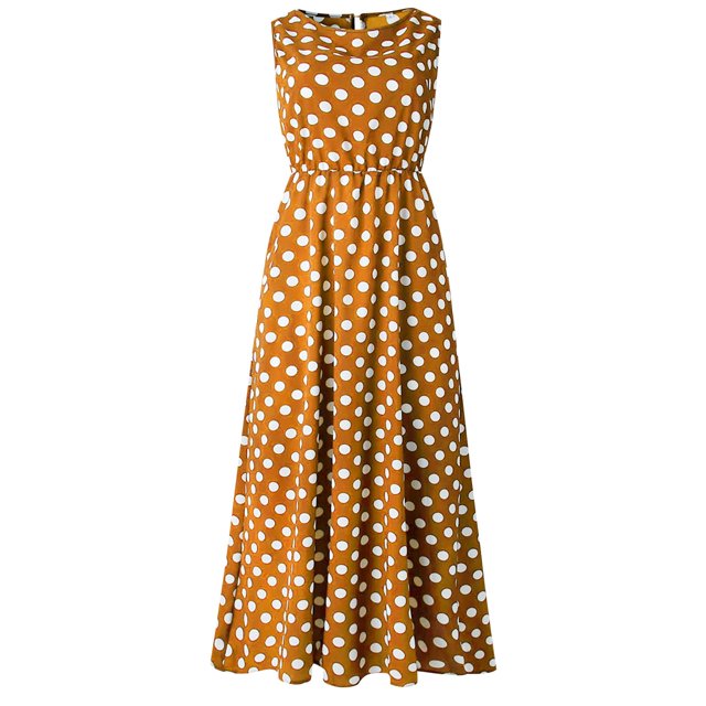 Robe Maxi 2025 pour Femmes Robes d'Été pour Femmes Col Rond à Pois Imprimé Robe Longue pour Femmes Sans Manches Ligne A Plissée Travail Décontracté Robes Amples Froncées Fluides Décontractées Robe Femme Robe Débardeur