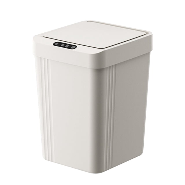 Trash Can Kitchen 13 Gallon with Lid Touchless Sensor Trash Can featuring a white rectangular design made of Acrylonitrile Butadiene Styrene material. It has a 13-liter (3.4-gallon) capacity and is battery-powered. The lid operates with a touchless sensor for hands-free convenience, opening and closing silently. Suitable for kitchens, living rooms, or offices.