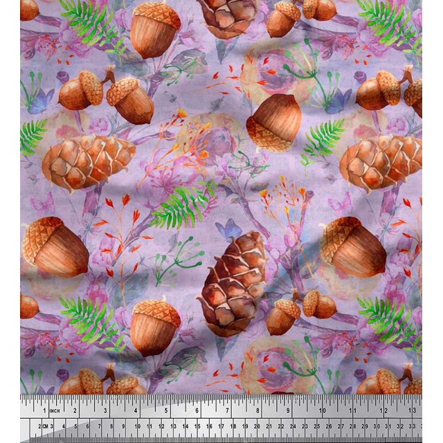 Soimoi Purple polyester Crepe Fabric Apricot, polyester & Oaknut Fruits Decor Fabric Printed BTY 42 Inch Wide