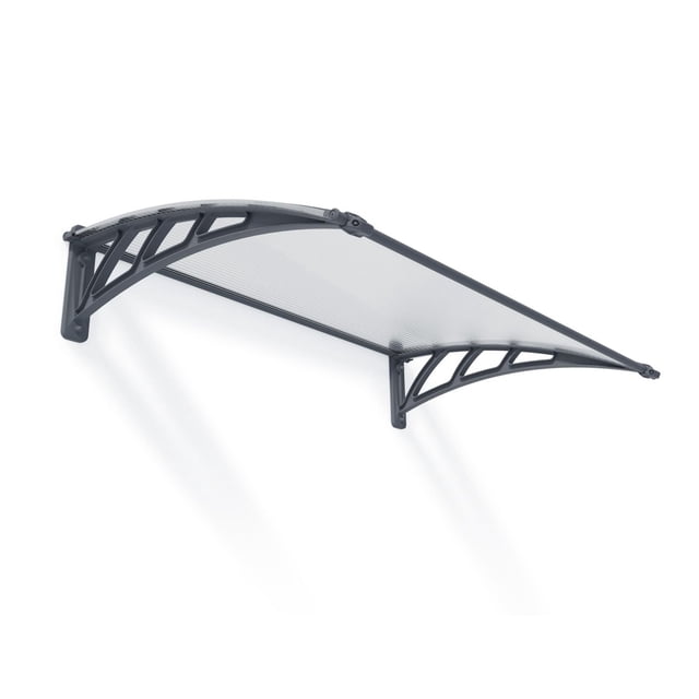 Canopia by Palram Neo 1180 Door and Porch Awning with a curved 2.5x4-foot frame, featuring a 6mm twin-wall polycarbonate panel that blocks 100% UV rays and black polymer support arms, designed for easy DIY installation and outdoor door protection.