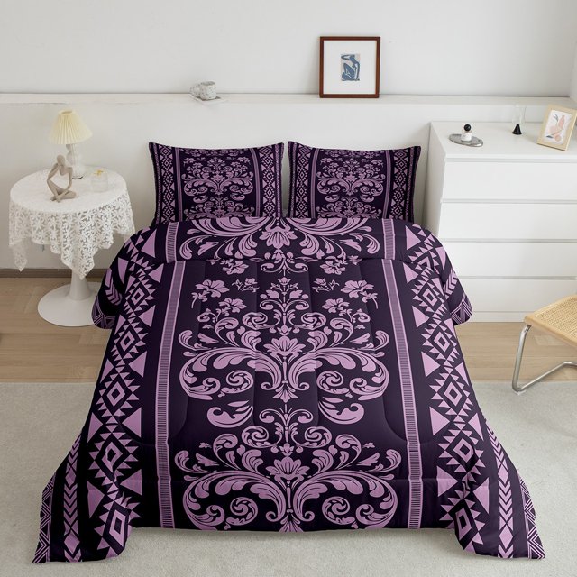 Erosebridal Ensembles de Literie à Fleurs Damassées Violettes pour Lit Simple avec Couette, Insert de Couette Rétro Boho, Décor Hippie Tribal, Réversible
