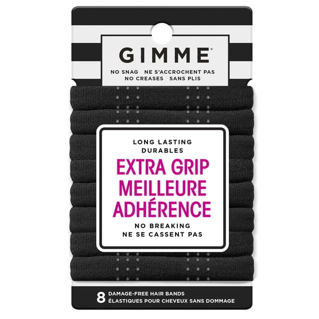 GIMME Infinity Hair Bands Xgrip Black 8CT pack of eight black elastic hair bands with textured silicone grip dots, designed for damage-free, no snag hold and long-lasting durability, suitable for active use and secure ponytails.
