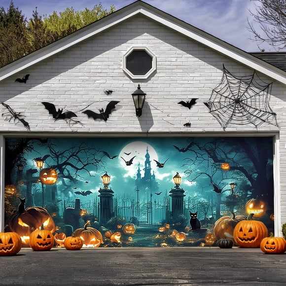 Bannière de Porte de Garage d'Halloween Grande Enseigne Extérieure de Fête des Fêtes Chauves-Souris Effrayantes Citrouilles Design Polyester Durable Résistant aux Intempéries Installation Facile avec Oeillets pour Clôtures de Garage Porches