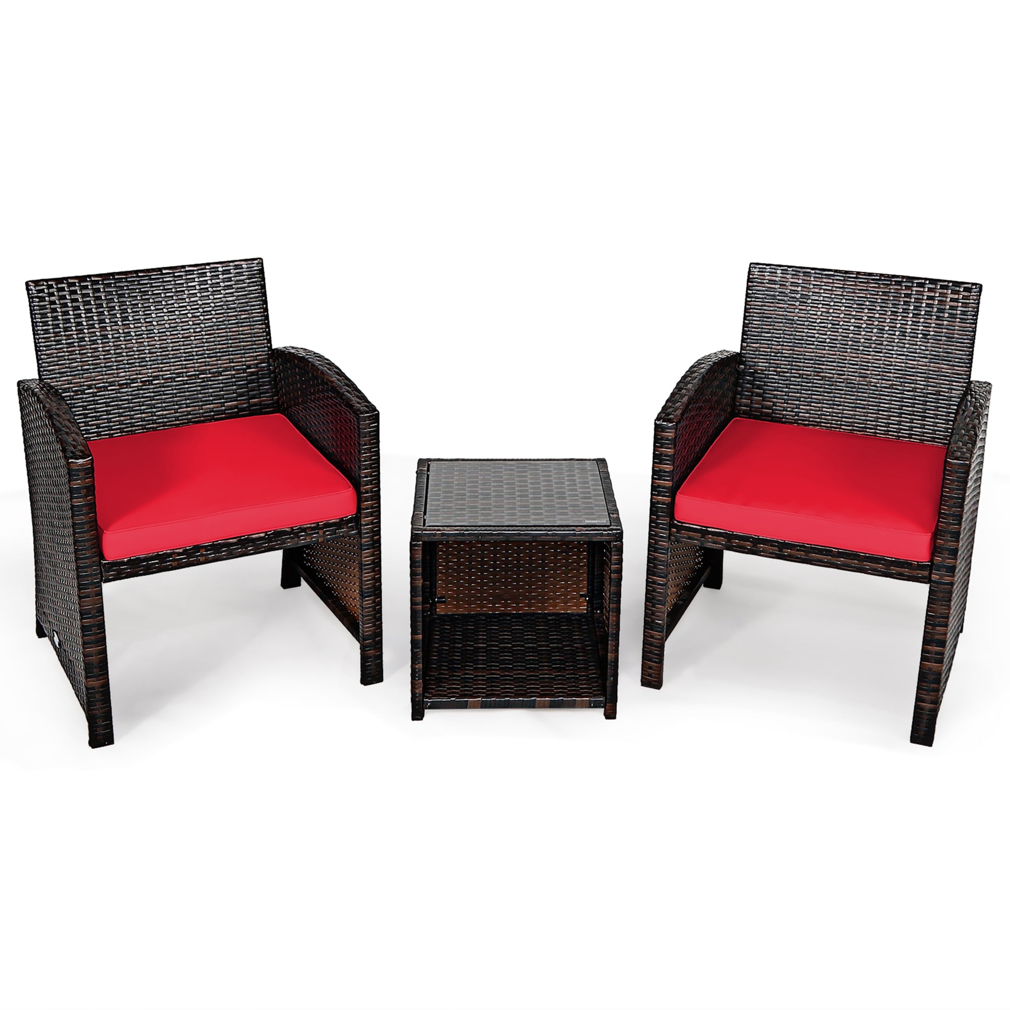 Gymax 3PCS Rattan Patio Conversation Furniture Set Yard Outdoor w/ Red Cushions