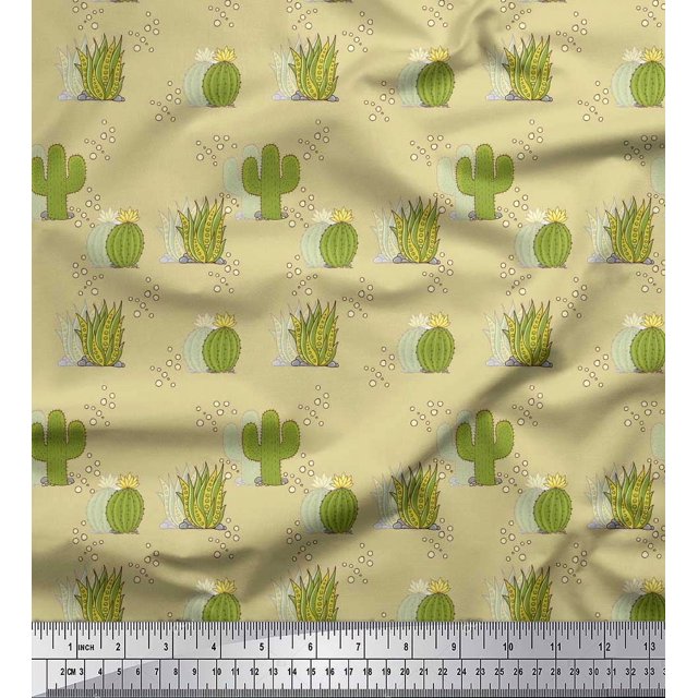 Soimoi Beige Modal Satin Fabric Sea Plant & Cactus Tree Print Fabric by the Yard 42 Inch Wide
