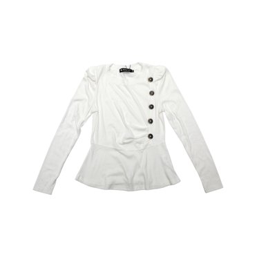 INSPIRE CHIC Blouse Péplum Décontractée pour Femme à Col Rond, Manches Longues Bouffantes, Décorée de Boutons, S Blanc