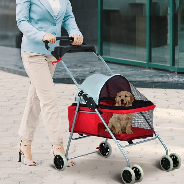 NiamVelo Poussette pour Chien Pliable Poussette pour Chat avec 4 Roues Poussette Portable pour Toutou avec Porte-Gobelets, Rouge