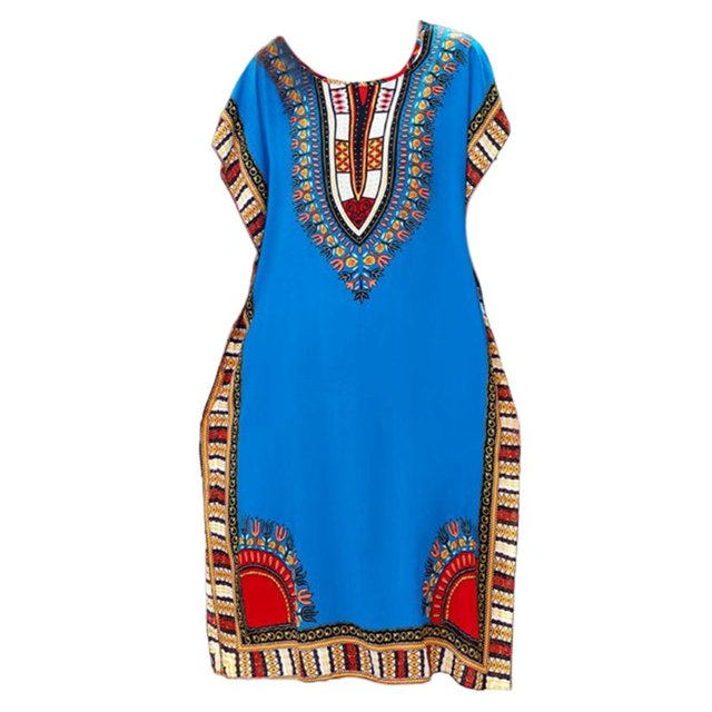 maskred Femmes de la Mode Plage Vacances Robe Boho Ethnique Élégante Robe en Vrac Bleu 1Set