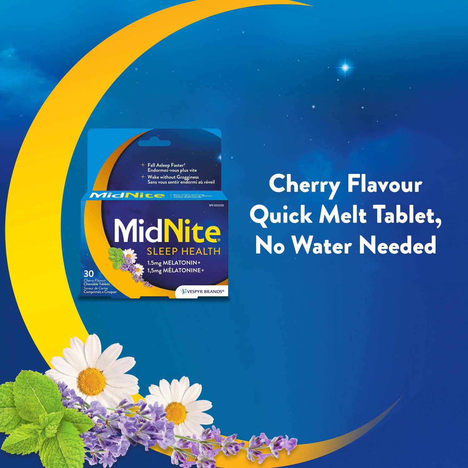 MidNite Aide au Sommeil Naturelle en Comprimés à Croquer, Traitement de l'Insomnie Occasionnelle, Saveur de Cerise