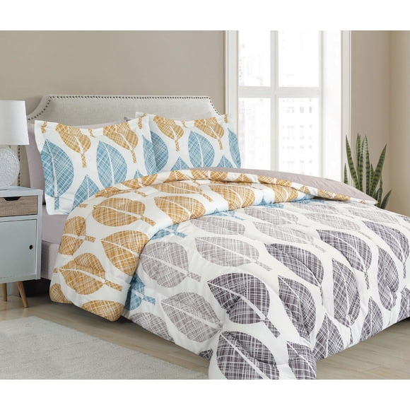Marina Decoration Ultra Soft Luxury Fluffy Goose Down Alternative Bed in a Bag Rich Printed Comforter Set Includes Sheet Set, Modern Colorful Leaves Pattern
