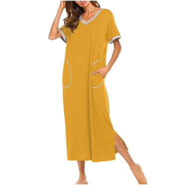 Pisexur Robe de Nuit pour Femmes, Col en V, Cache-Cœur, Vêtement de Nuit, Chandail à Enfiler, Manches Courtes, Robe de Nuit, Été, Décontractée, Confortable, Fente, Pyjama avec Poches