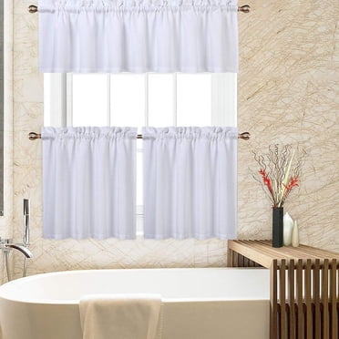 Waterproof Waffle Weave Valance Curtains for Kitchen or Bathroom Windows - 2 Pack Short Café Rod Pocket Design - Water Resistant, 60" x 15", White - System Default
