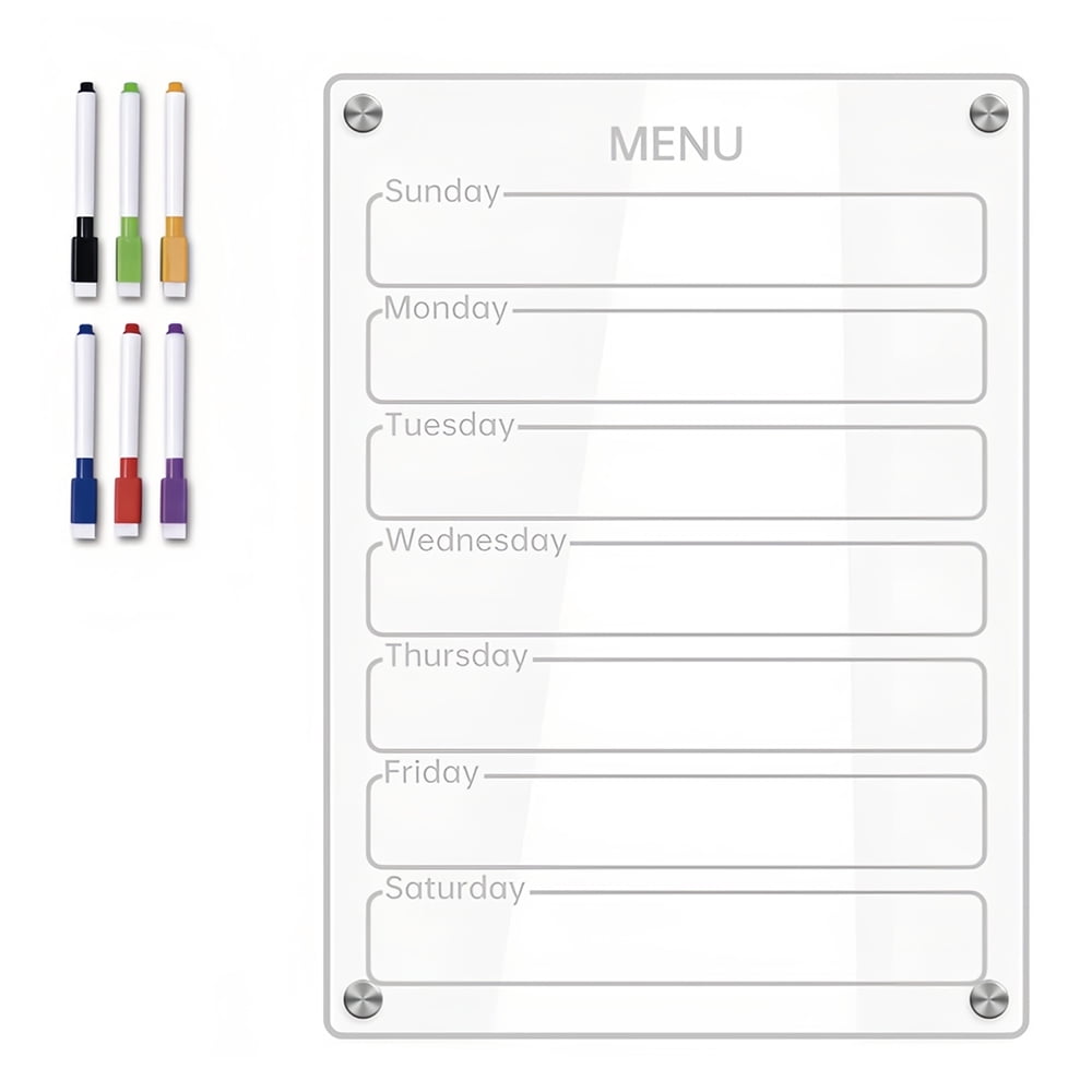 Board Clear Acrylic Magnetic Dry Erase Board Weekly Planner 8.27x11.7in Writing Board Fridge Reusable Planner with 6 Color Magnetic Markers & 4pcs Magnet  Daily Message Organizer