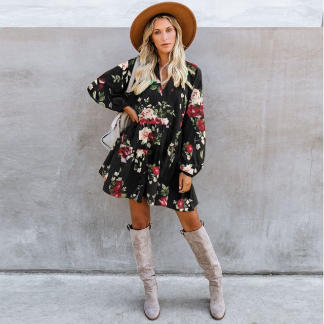 Robe Droite Mignonne pour Femmes avec Poches, Entièrement Doublée, Manches Évasées, Ourlet à Volants, Col en V, Tunique Ample Évasée, Mini-Robe