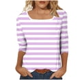thumbnail image 3 of breaise Chemises à Manches 3/4 pour Femmes, Automne, Rayées, Col Ras du Cou, Hauts Habillés Décontractés, Amples, Blouses de Travail Trois Quarts, Violet, 4TG, 3 of 7