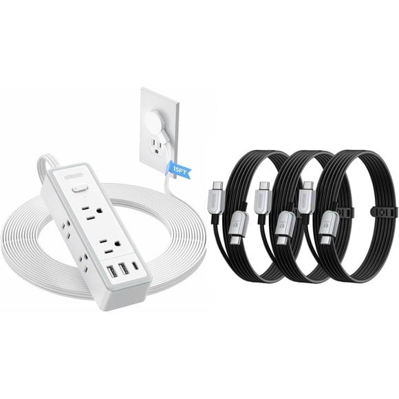 15 ft Extension Cord, 1080J Surge Protector Power Strip, Flat Extension Cord with 6AC Outlets and 3USB Ports(1USB C), Thin Extension Cord with Multiple Outlets+100W USB C Cable